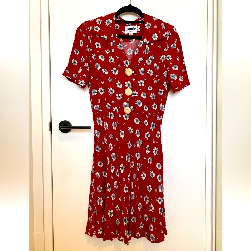 Rouje Anais red daffodils print floral dress short sleeve rare Bond Girl